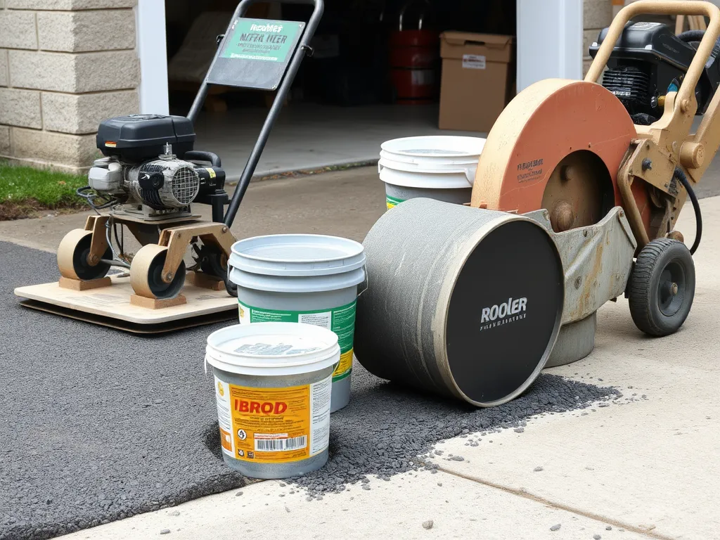 Tools and materials for patching an asphalt driveway, including paving machines and sealant buckets.