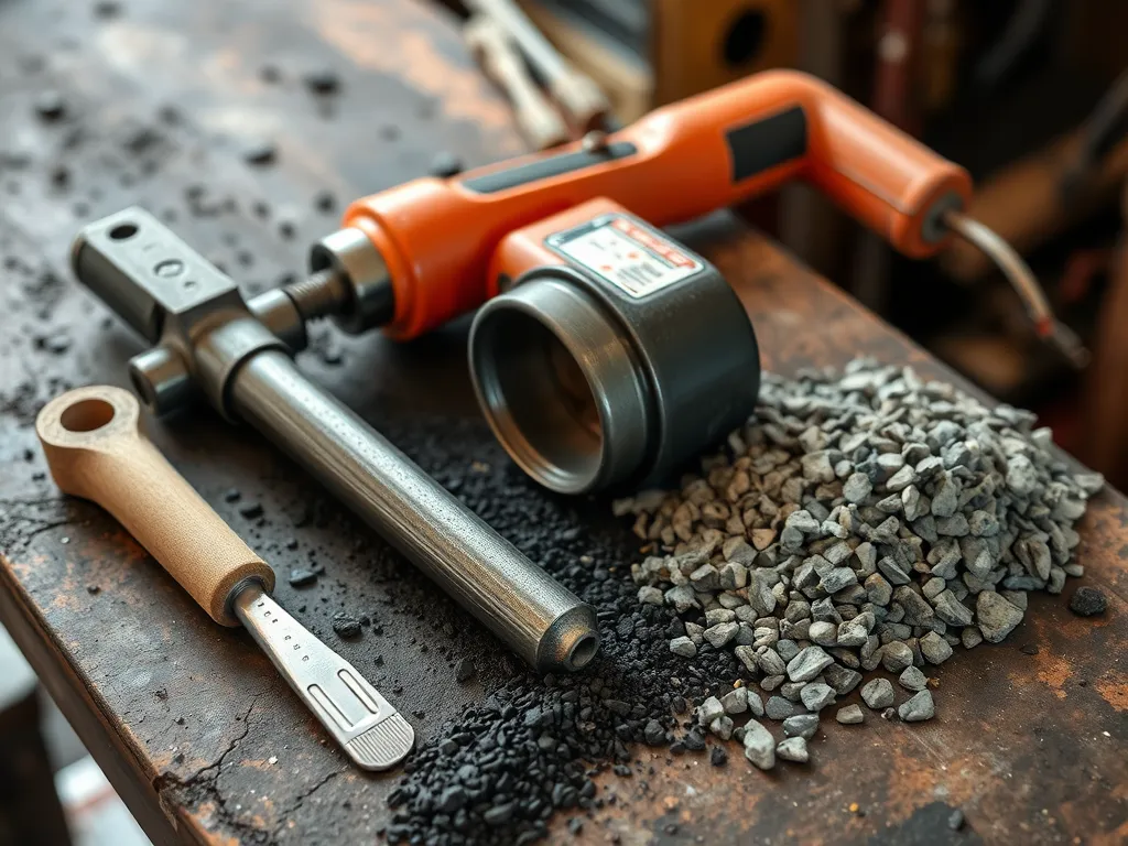 Tools and materials for patching an asphalt driveway, including a torch, asphalt, and gravel.