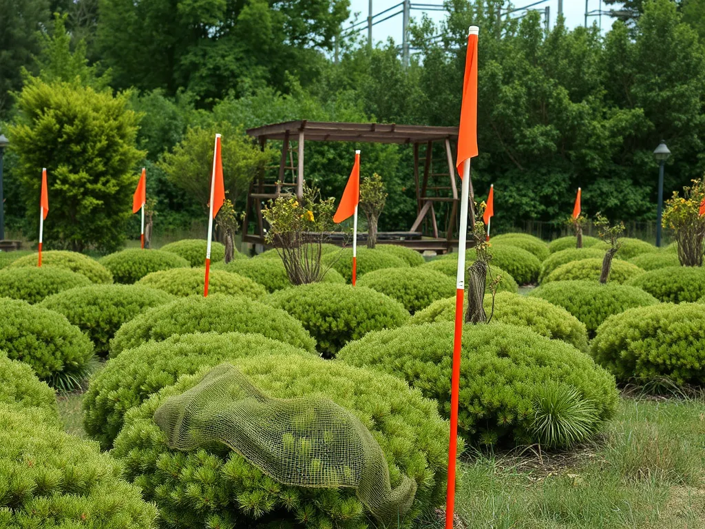 Landscape preparation with flagged areas for assessing site for an asphalt driveway.