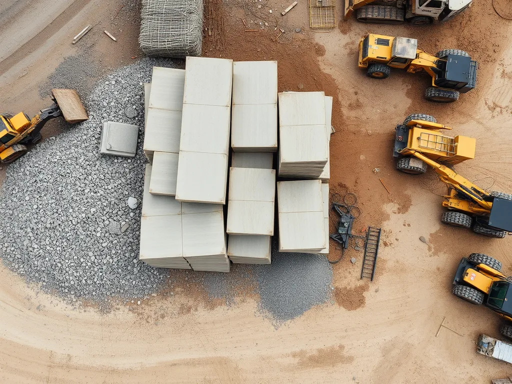 Construction site preparation with materials and machinery for an asphalt driveway.