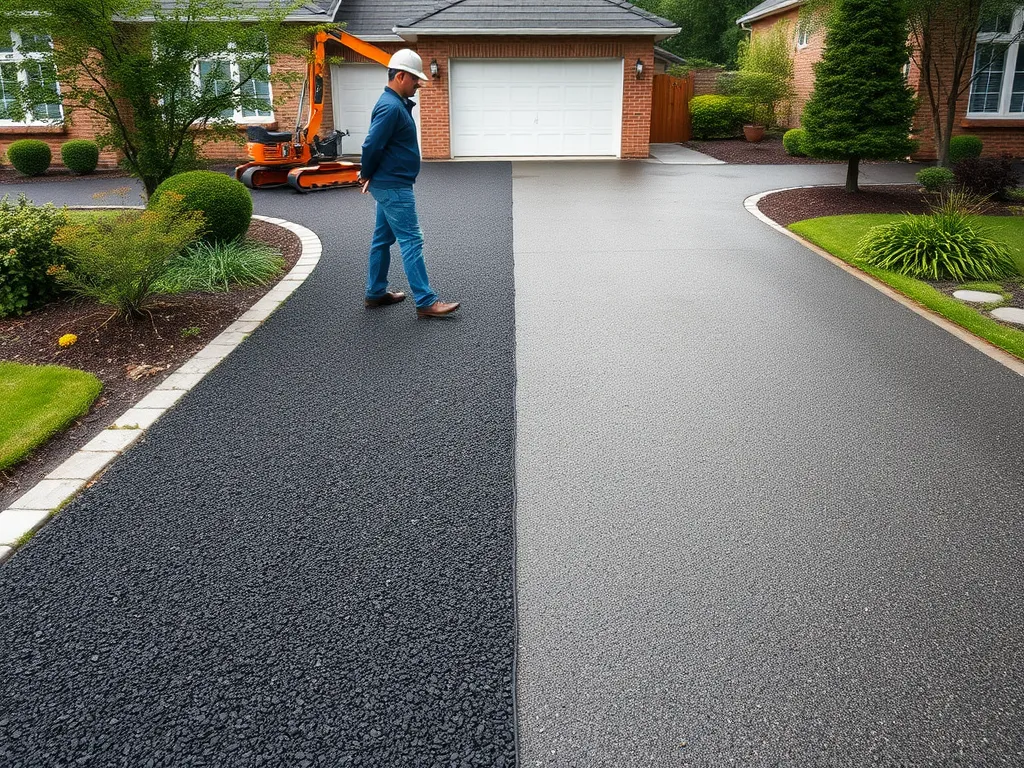 A person inspecting a freshly laid asphalt driveway, illustrating compliance with environmental regulations for asphalt driveways.