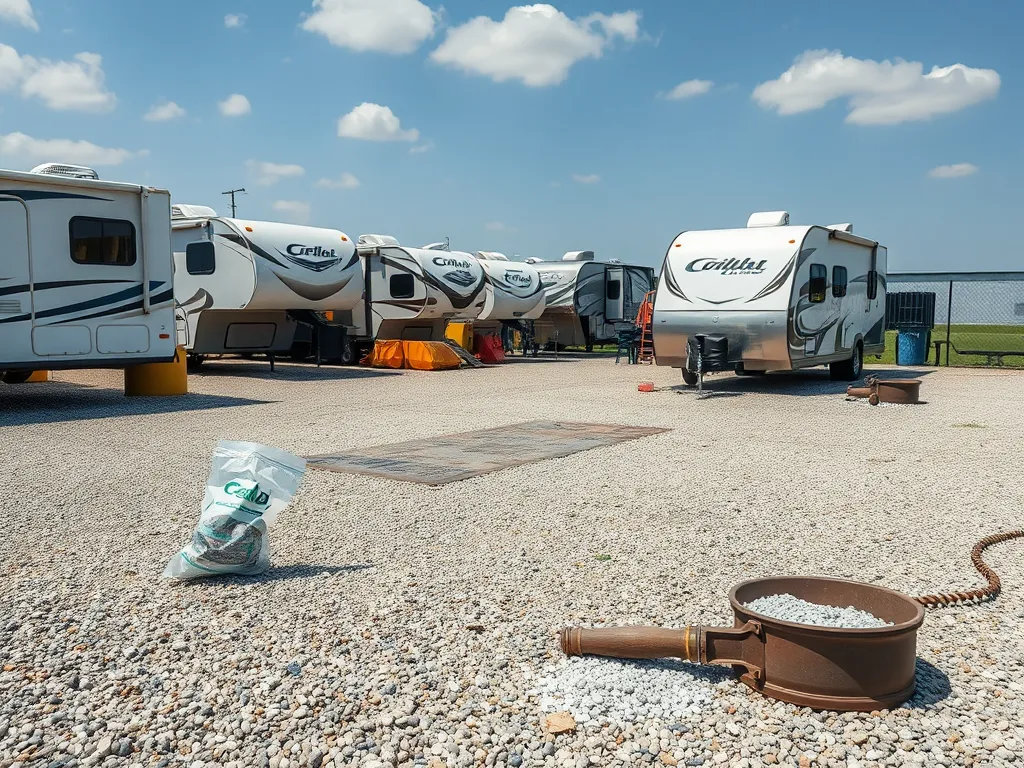 A close-up view of gravel and an RV parking area indicating potential damage signs on an asphalt driveway.