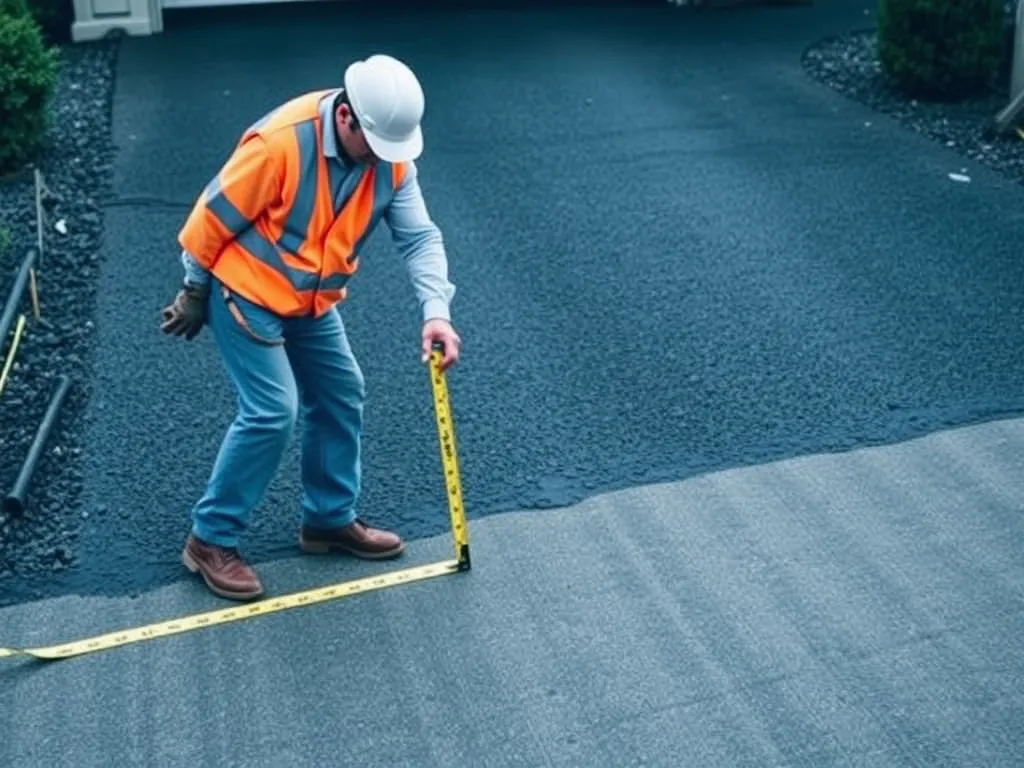 Person measuring an asphalt driveway to determine replacement cost