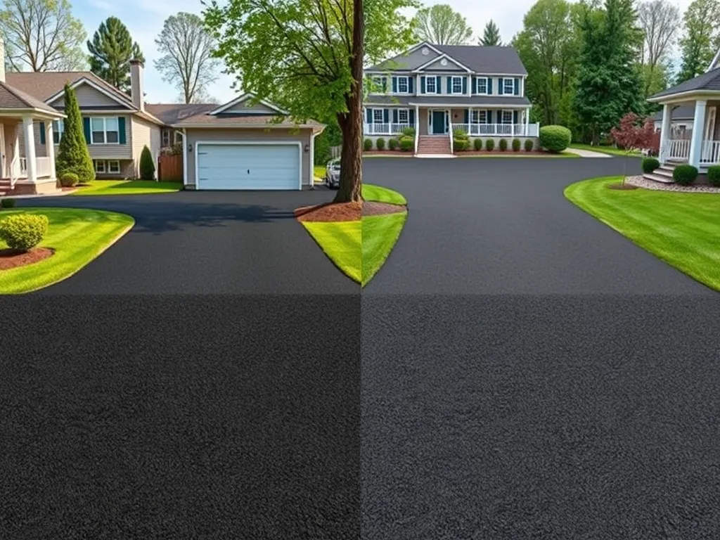 Two asphalt driveways showcasing different thickness and finishes.
