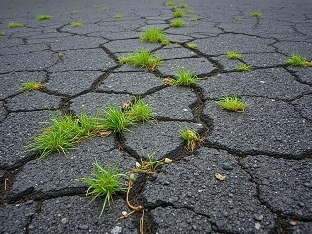 Cracked asphalt driveway with grass growing through, indicating wear and tear.