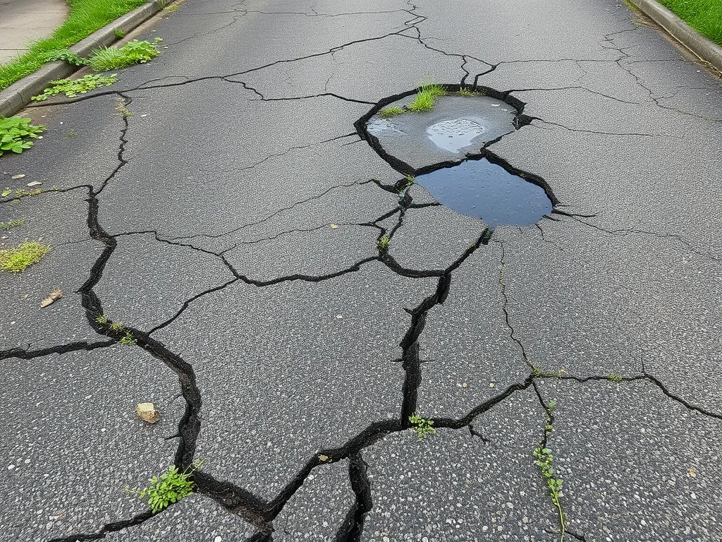 Cracks and potholes in an asphalt driveway indicating signs of wear and tear.
