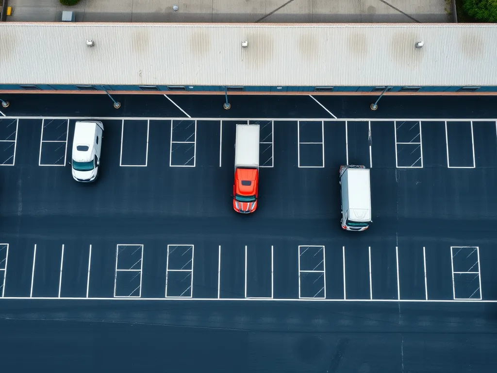 Aerial view of a commercial parking lot showcasing durable asphalt surfaces used for heavy trucks.