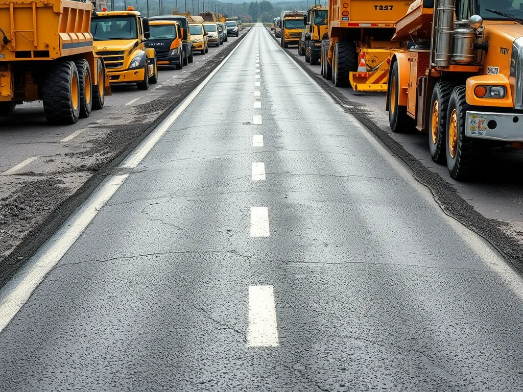 A well-maintained asphalt road with heavy machinery on the side, showcasing asphalt durability for commercial projects.