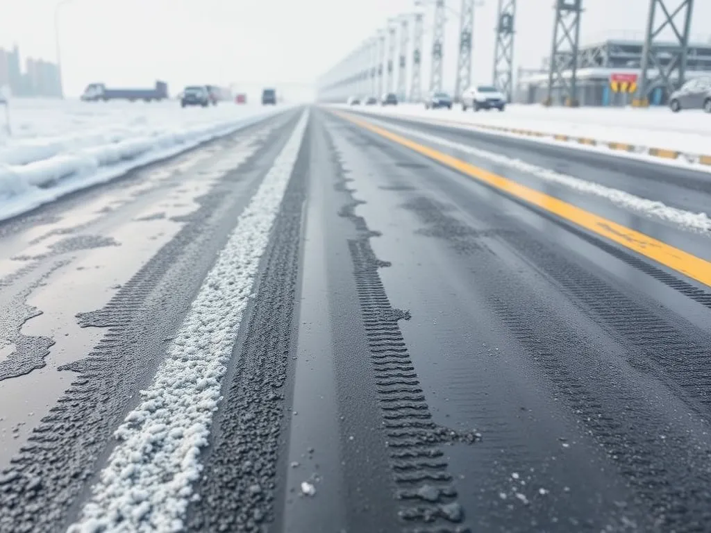 Close-up view of asphalt durability showcasing tire tracks and snow-covered sections