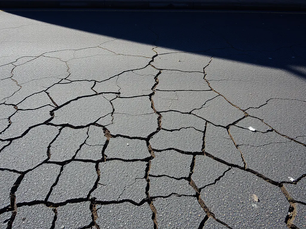 Cracked asphalt surface highlighting the effects of climate on durability.