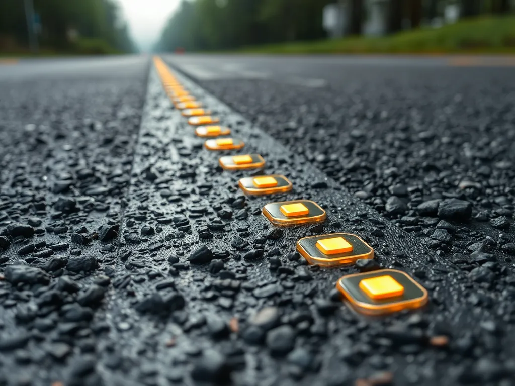 Innovative asphalt durability technology featuring embedded road studs for enhanced visibility and safety.