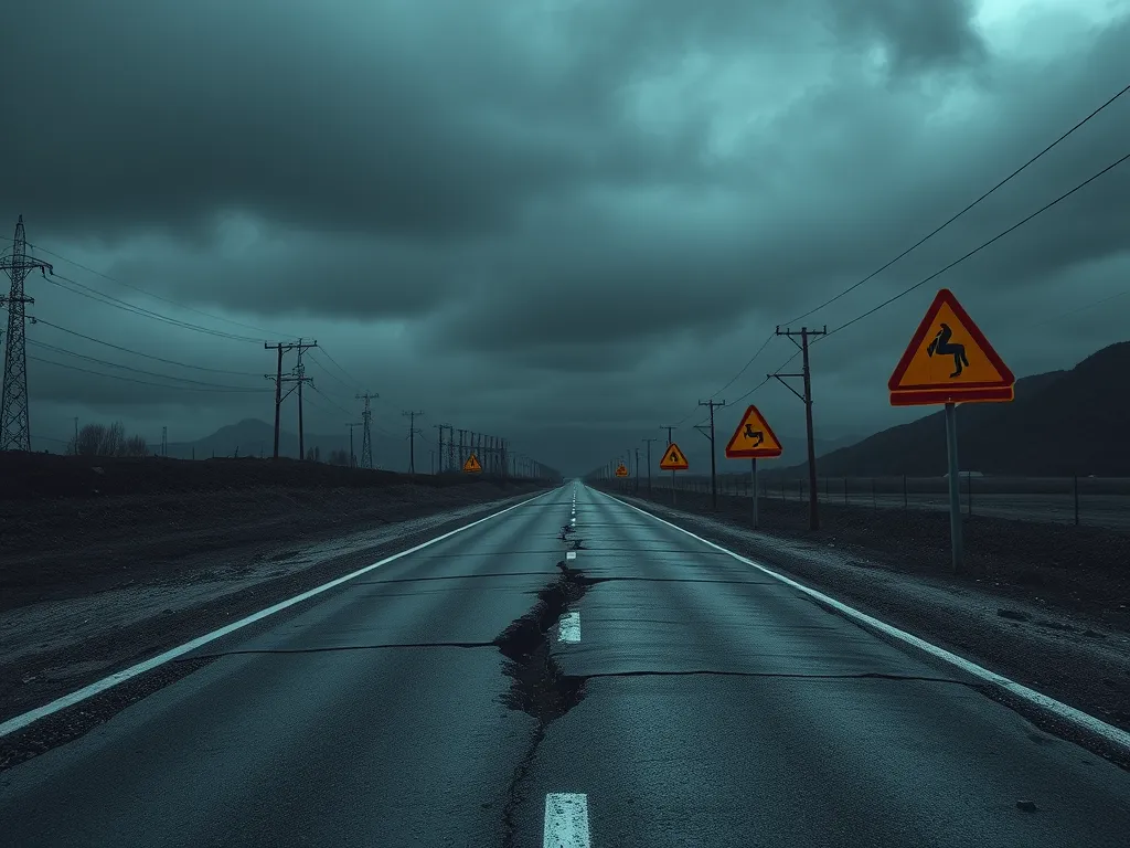 Cracked asphalt road with warning signs, highlighting the importance of regulatory standards for asphalt durability tests