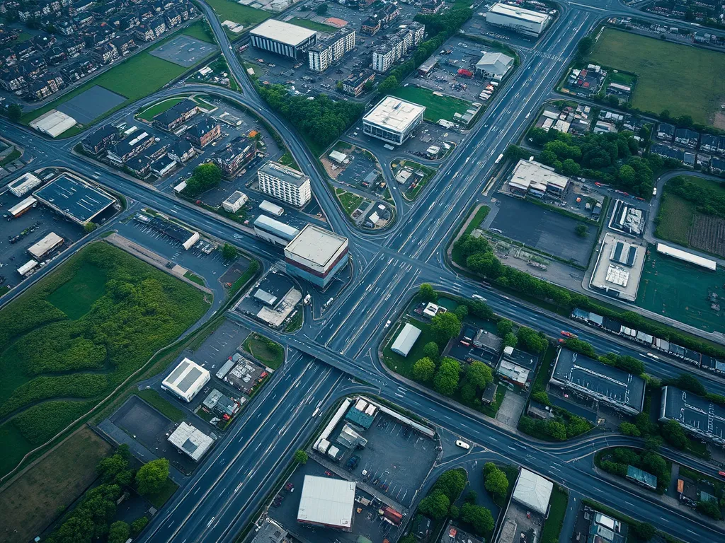 Aerial view of an urban area showcasing asphalt roads and infrastructure related to environmental impact.