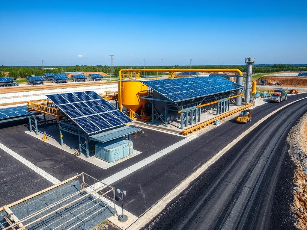 Aerial view of an asphalt emulsion production facility with solar panels