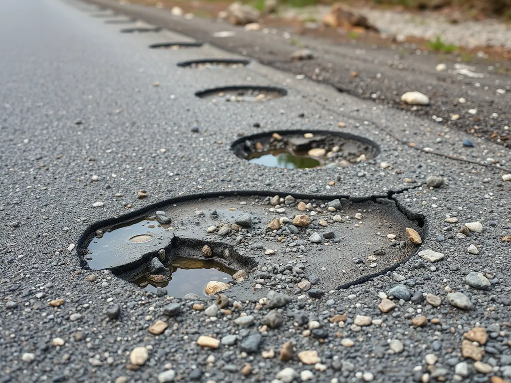 Damaged asphalt surface showing potholes and debris, highlighting the need for proper compaction in asphalt excavation.