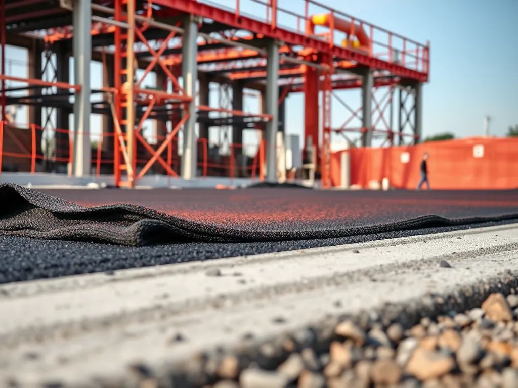 Close-up of asphalt installation at a construction site in extreme climate conditions