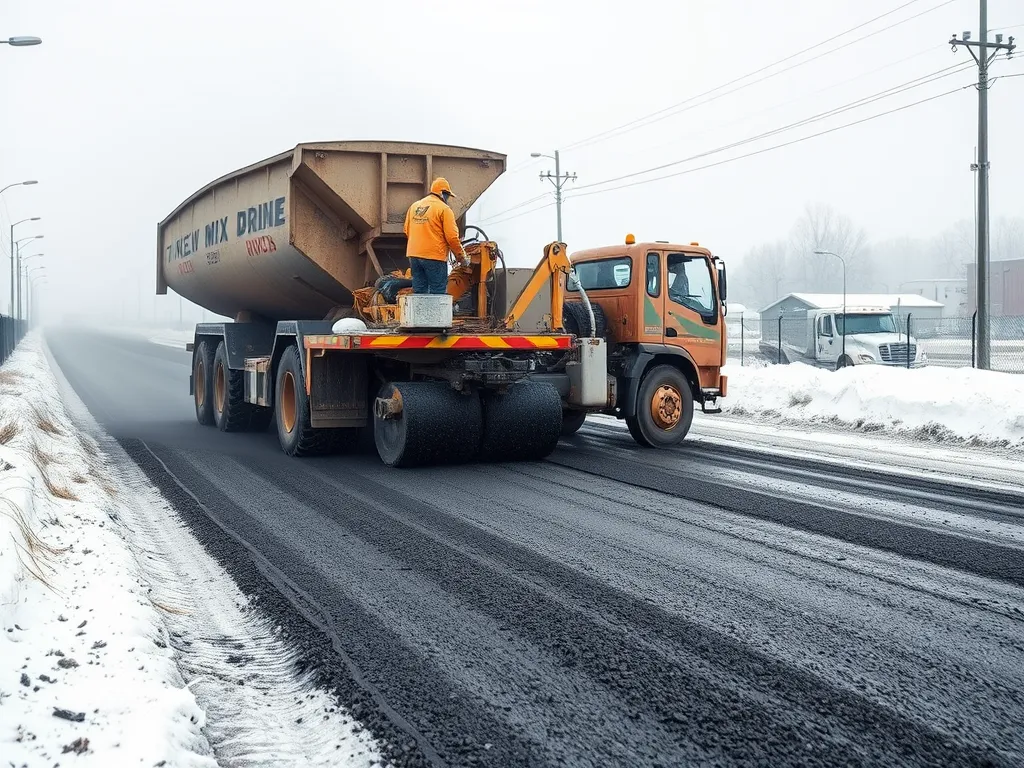 Worker applying asphalt in snowy conditions to ensure road durability in extreme climate.