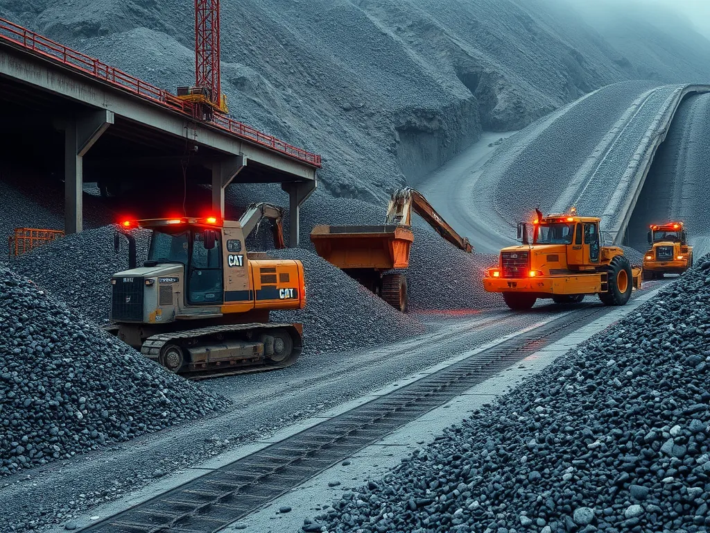 Heavy machinery working on asphalt feedstock extraction site.