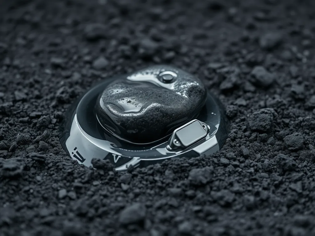 Close-up of a black stone embedded in asphalt feedstock, showcasing the material's texture and composition.