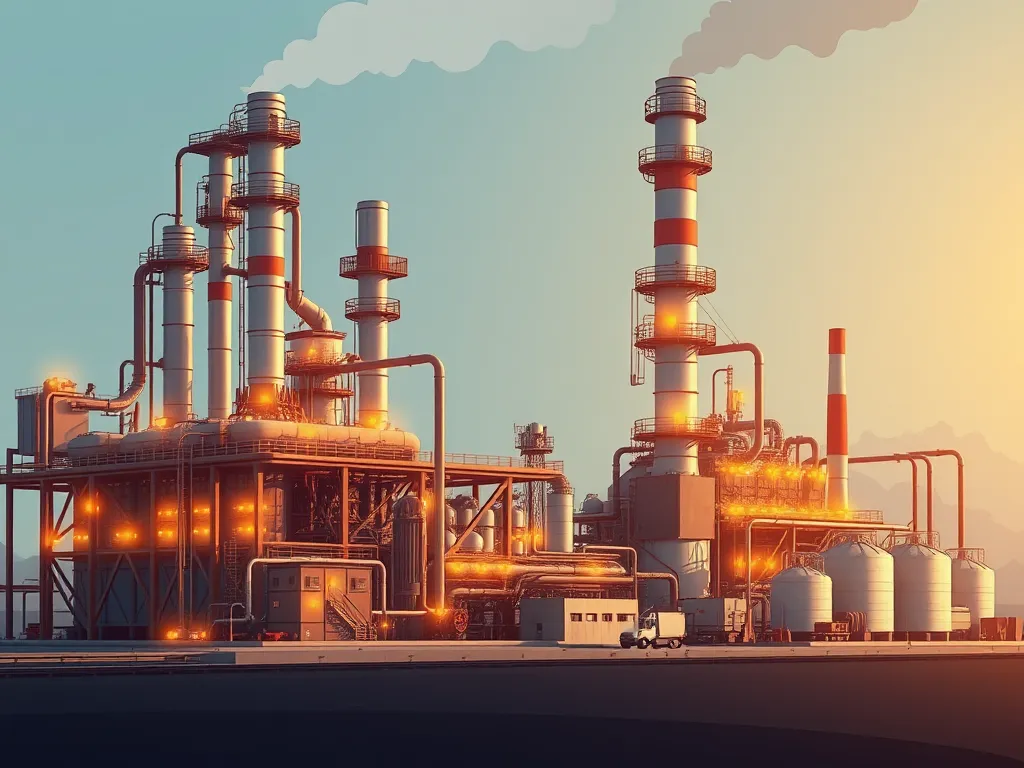 A modern asphalt feedstock refinery with towering smokestacks and industrial setup.