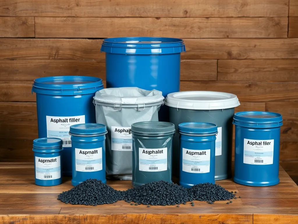 Variety of asphalt fillers in different containers, showcasing types of asphalt fillers.