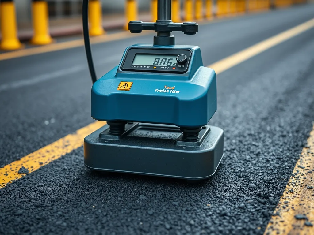 Friction tester measuring skid resistance on asphalt surface