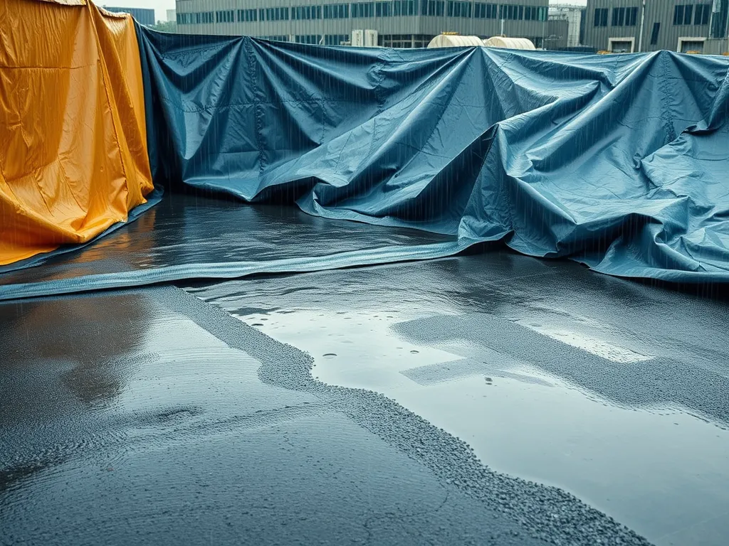 Wet asphalt surface covered with tarps, demonstrating the hardening process of asphalt.