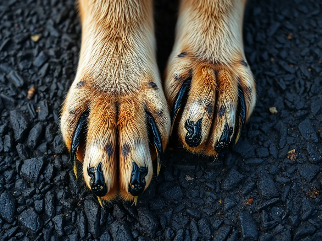 Close-up of a dog's paw prints on black asphalt reflecting high temperatures on a hot day.
