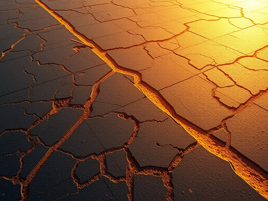 Cracked asphalt surface showing heat-induced damage from high temperatures in the sun.
