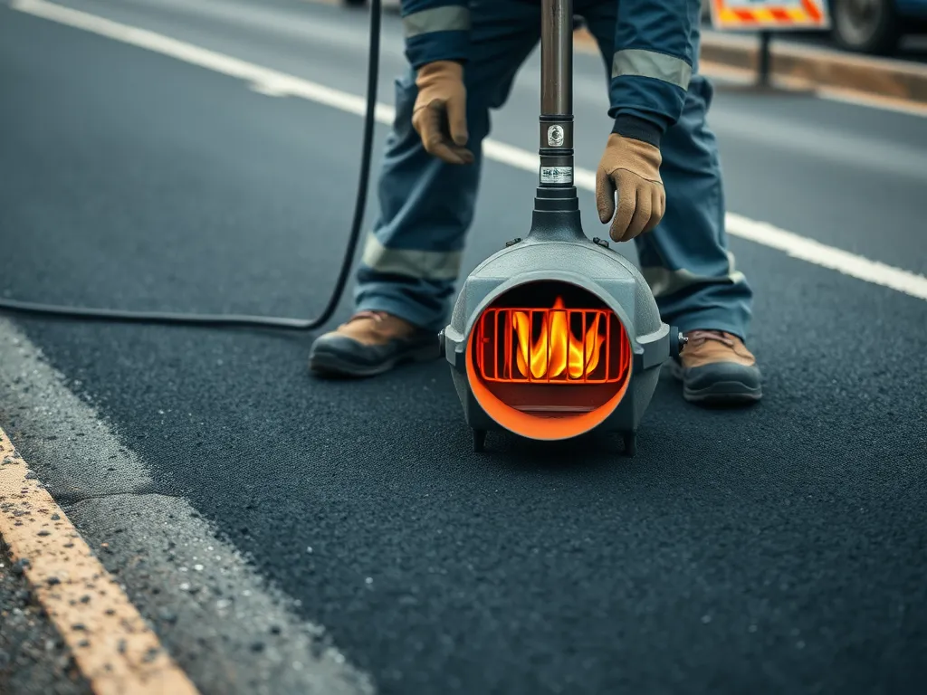 A worker using a portable heater for asphalt heating, addressing challenges in the process.