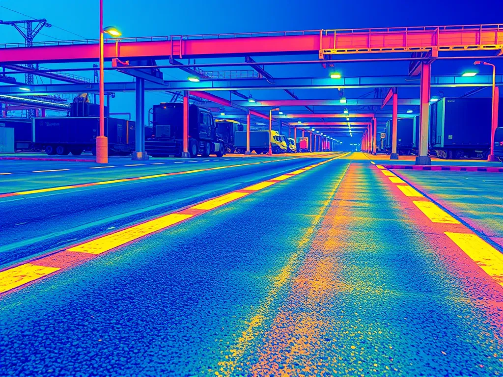 Infrared view of asphalt heating process with trucks and equipment.