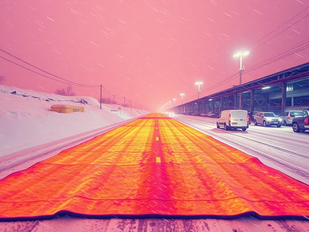 Asphalt heating mat being used on a snow-covered road for effective heating in cold weather.