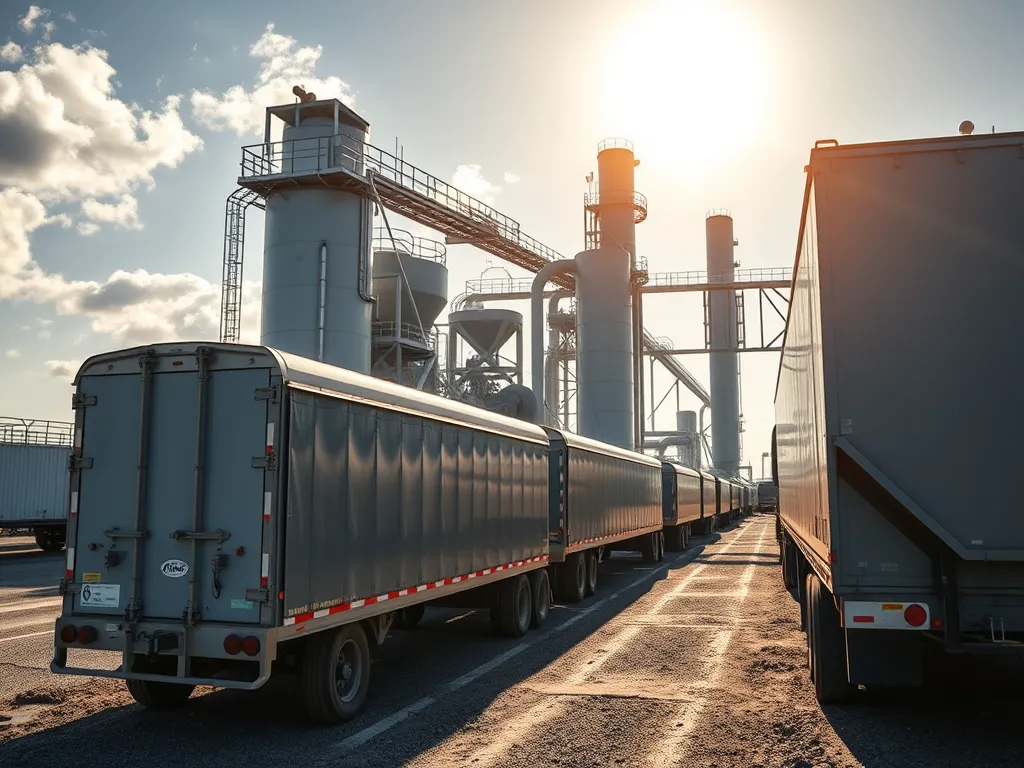 Image showing asphalt production facility with trucks, relevant to degradation of asphalt during heating.