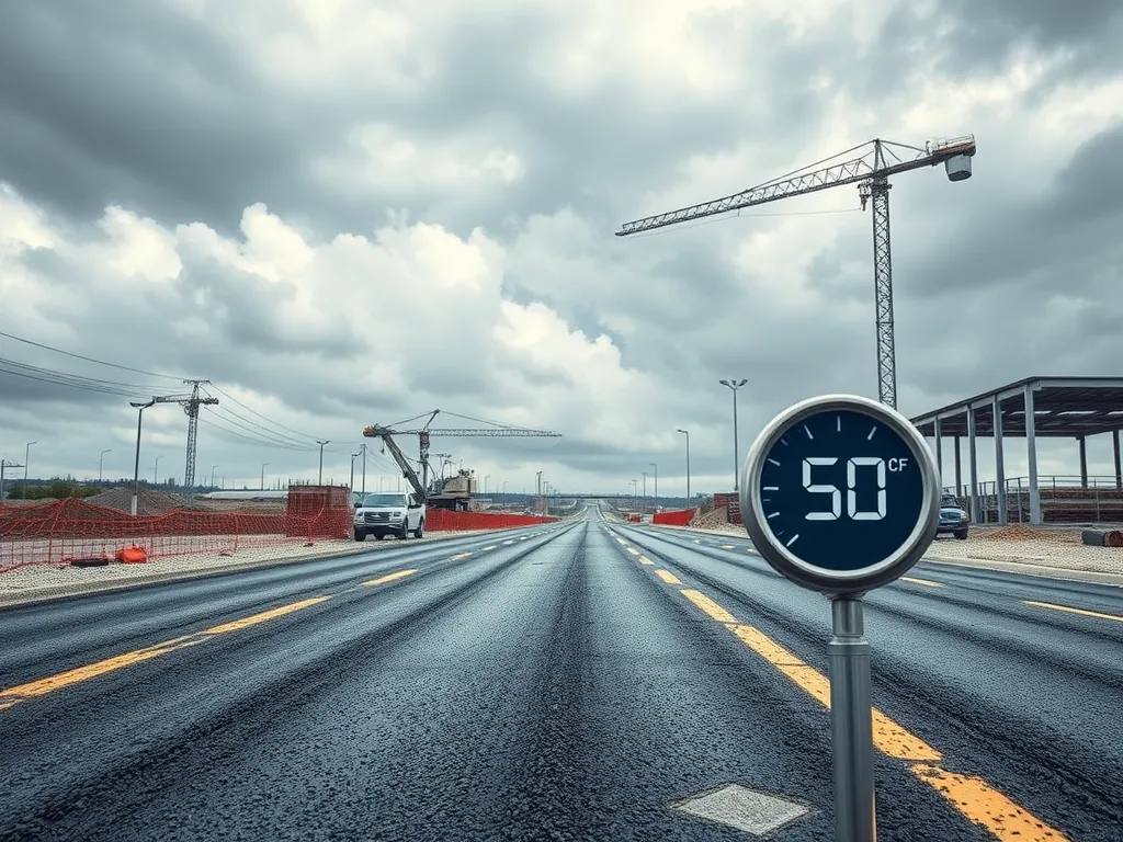 Temperature display on freshly laid asphalt in a construction area showing suitability for heating methods based on climate.