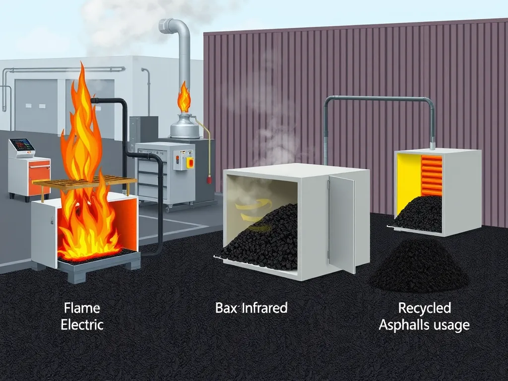 Comparative image of various asphalt heating methods including flame, electric, Bax infrared, and recycled asphalt usage.