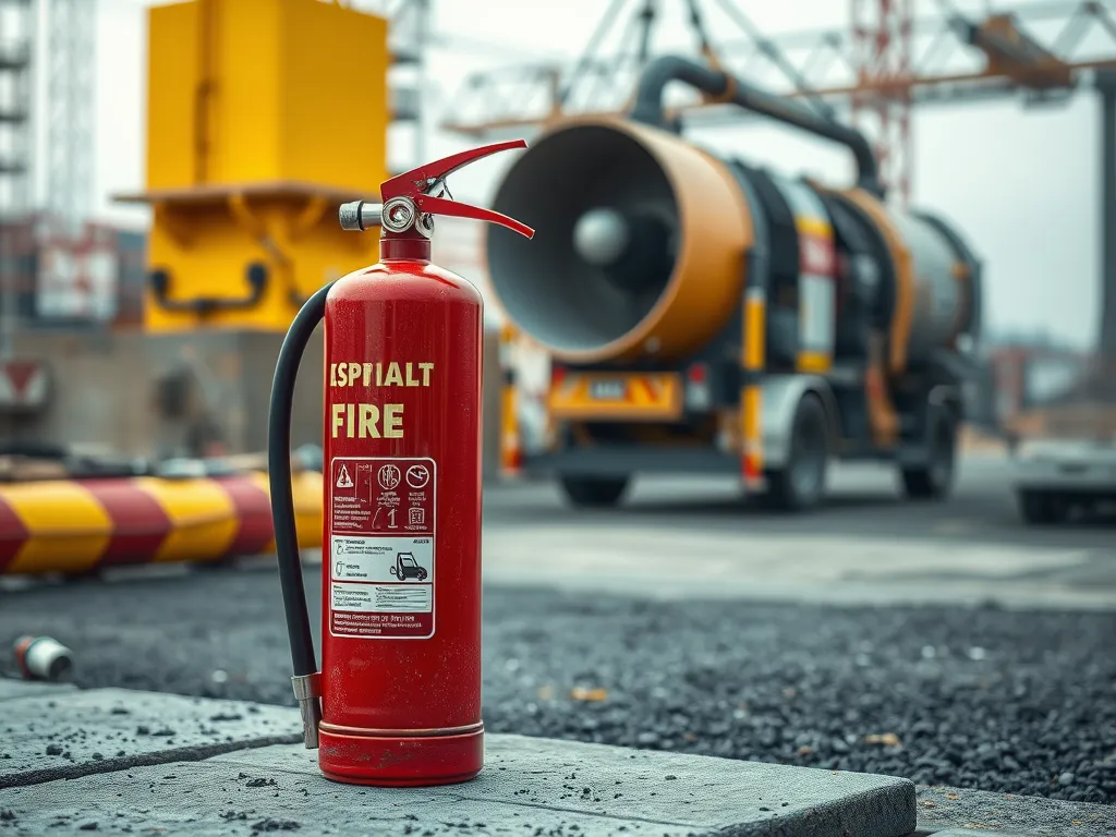 Fire extinguisher on a construction site used for safety measures in asphalt heating processes.