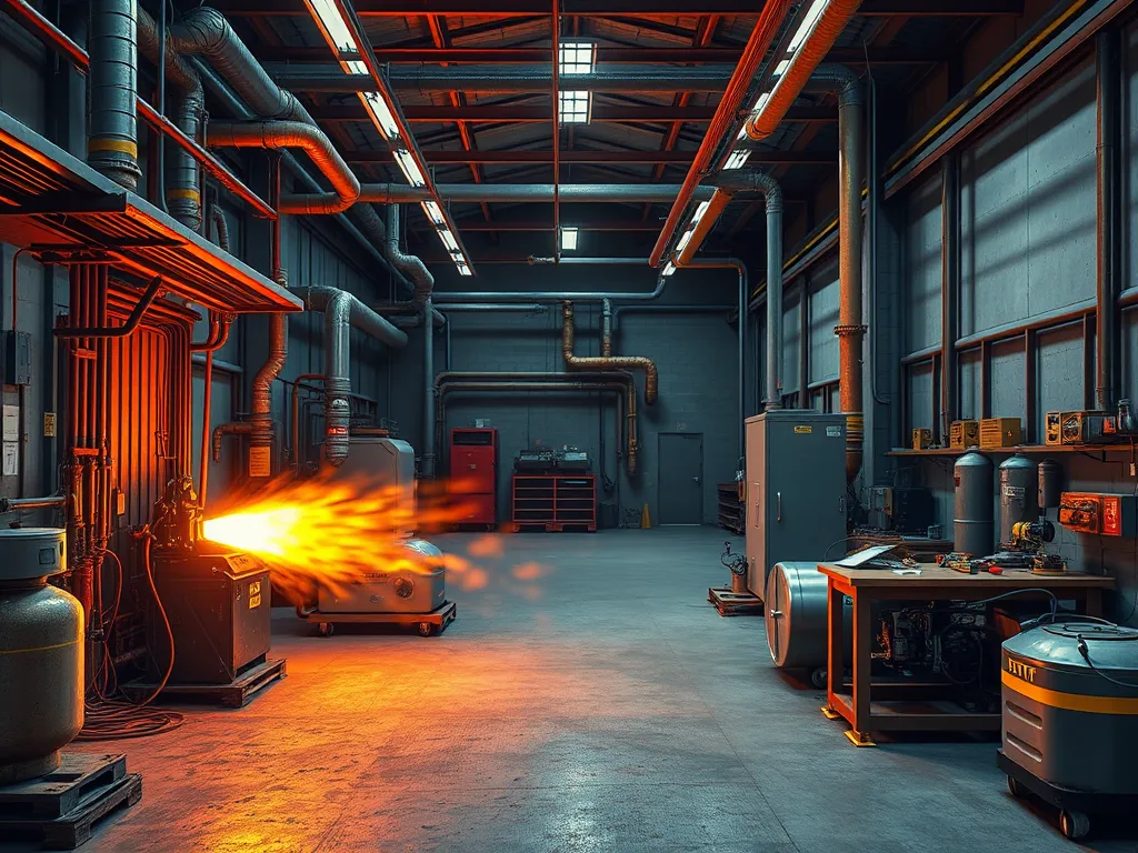 Industrial asphalt heating process highlighting safety equipment and measures