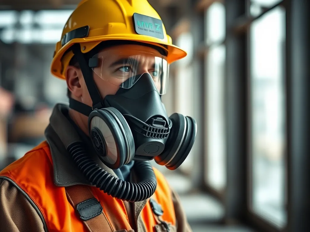 Worker in safety gear with a respirator during asphalt heating process