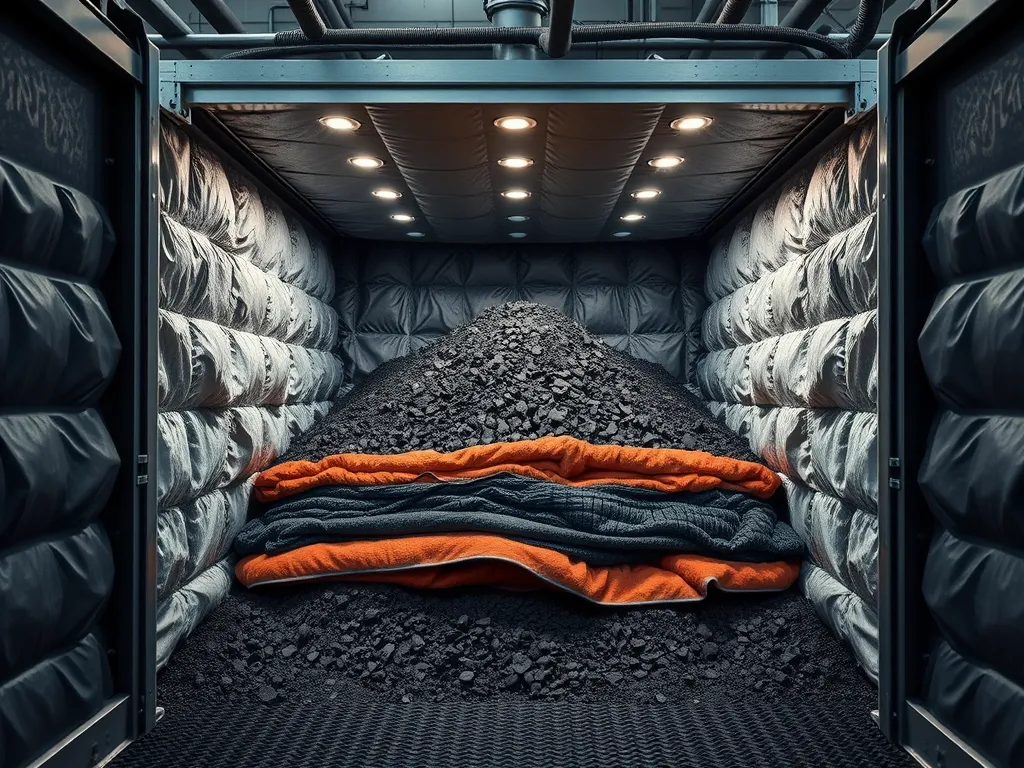 A storage unit displaying asphalt materials being heated with temperature control blankets for efficient asphalt heating.