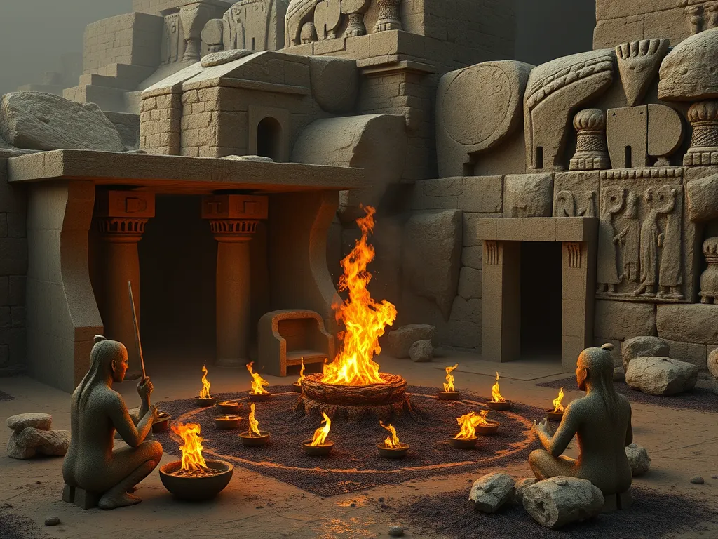 An ancient scene depicting civilizations using asphalt in construction and rituals.