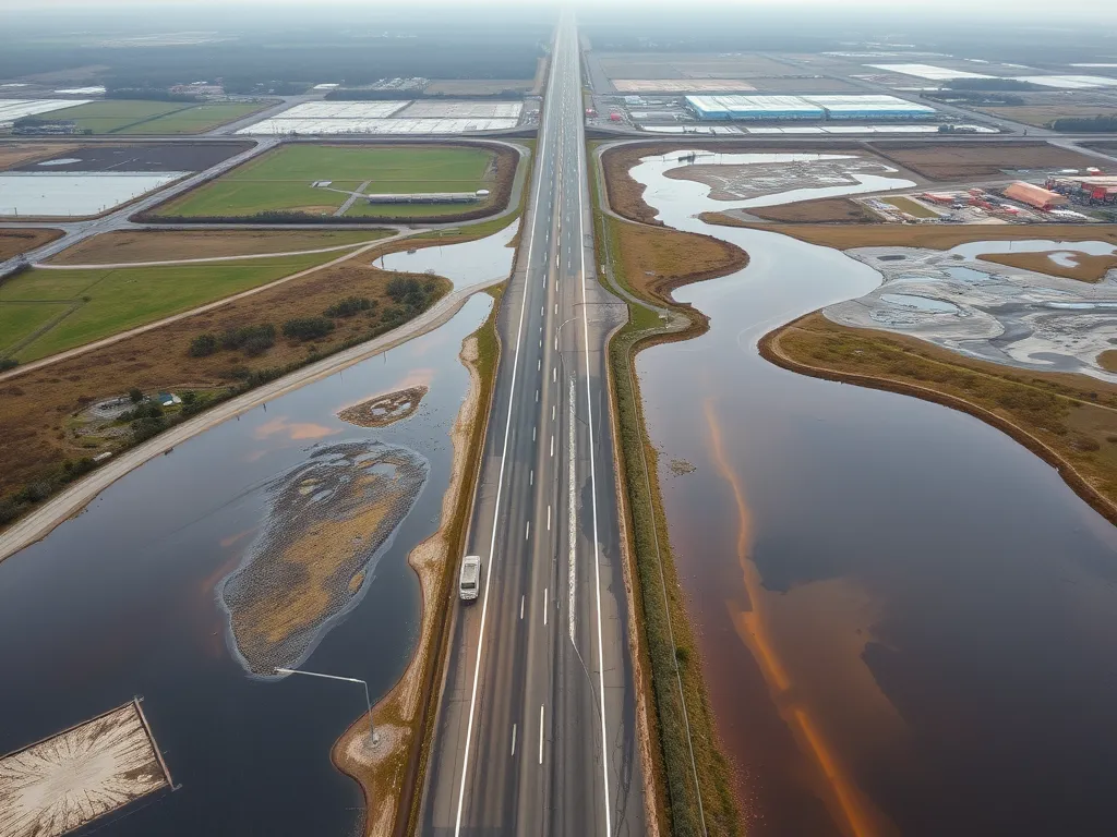 Aerial view of asphalt road beside water bodies illustrating the effects of asphalt on groundwater quality.