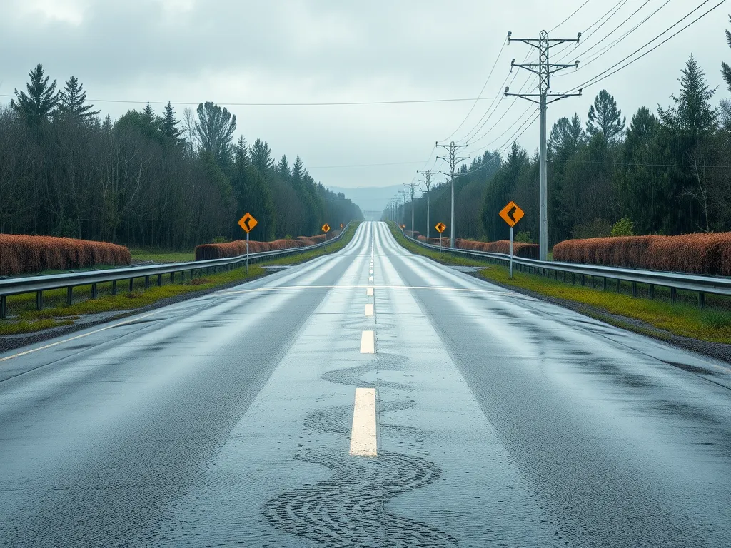 Wet asphalt road showing improved traction and safety for vehicles, emphasizing the importance of asphalt in traffic safety.