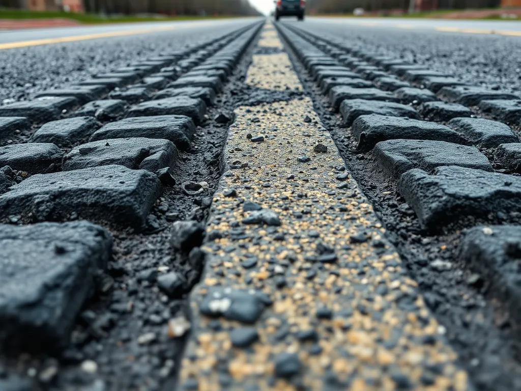 Close-up view of an asphalt road showcasing its texture and condition, highlighting its significance in traffic safety.