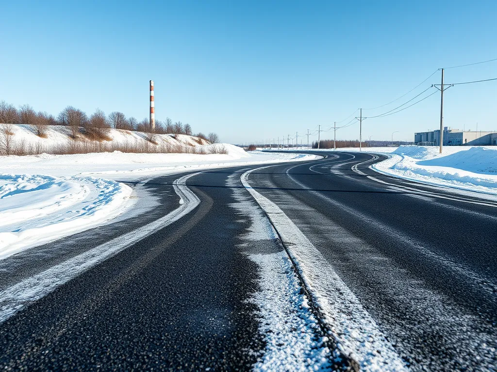 Road with asphalt in snowy conditions, illustrating challenges of asphalt in extreme climate conditions.
