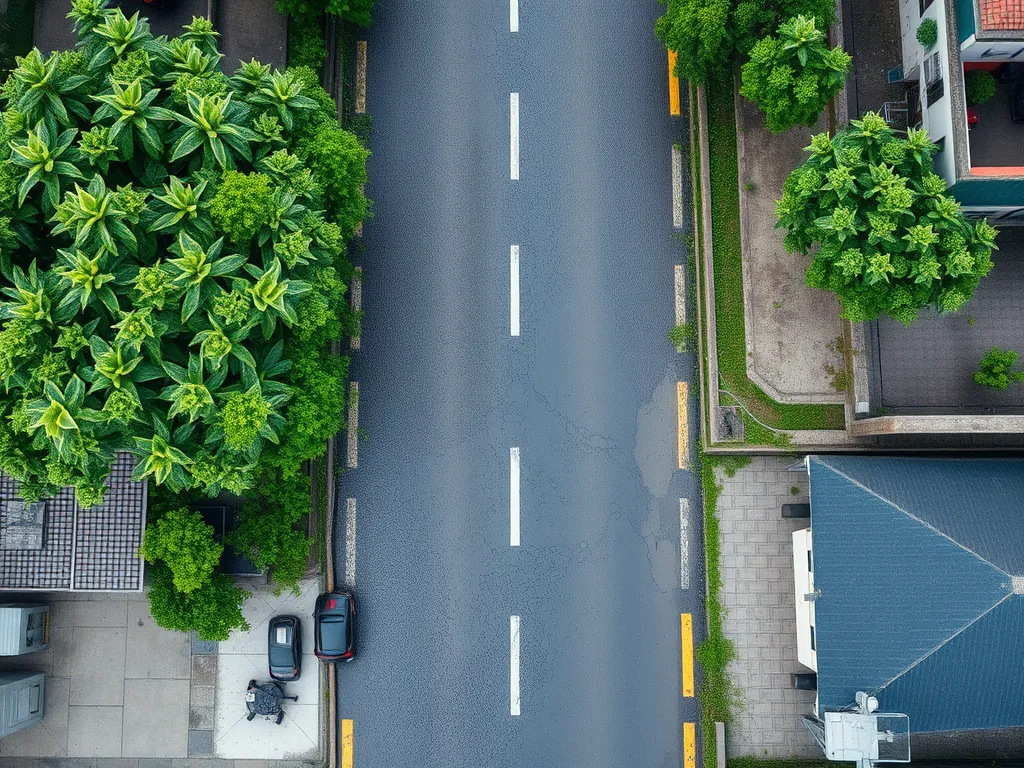 Aerial view of a well-maintained asphalt road surrounded by greenery, showcasing its importance in urban infrastructure.