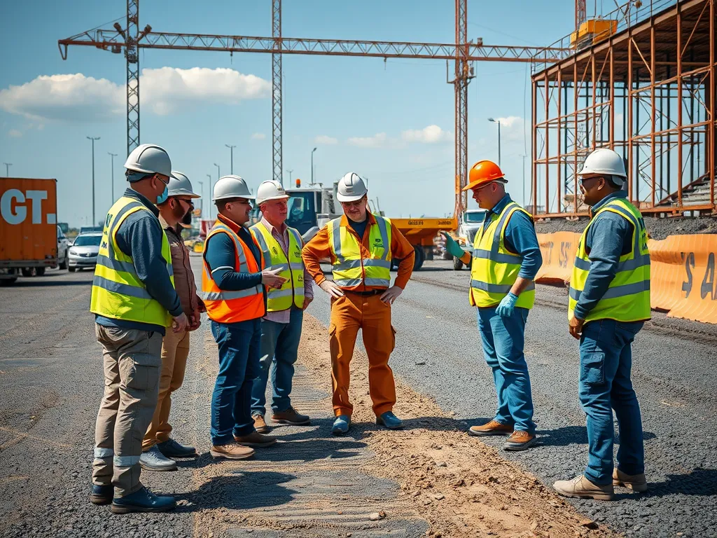 Group of construction workers discussing safety protocols in the asphalt industry