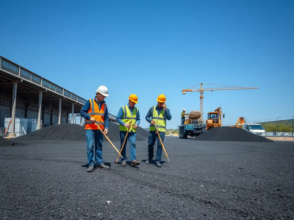 Workers in safety gear inspecting asphalt at a construction site to promote safety culture in the asphalt industry.