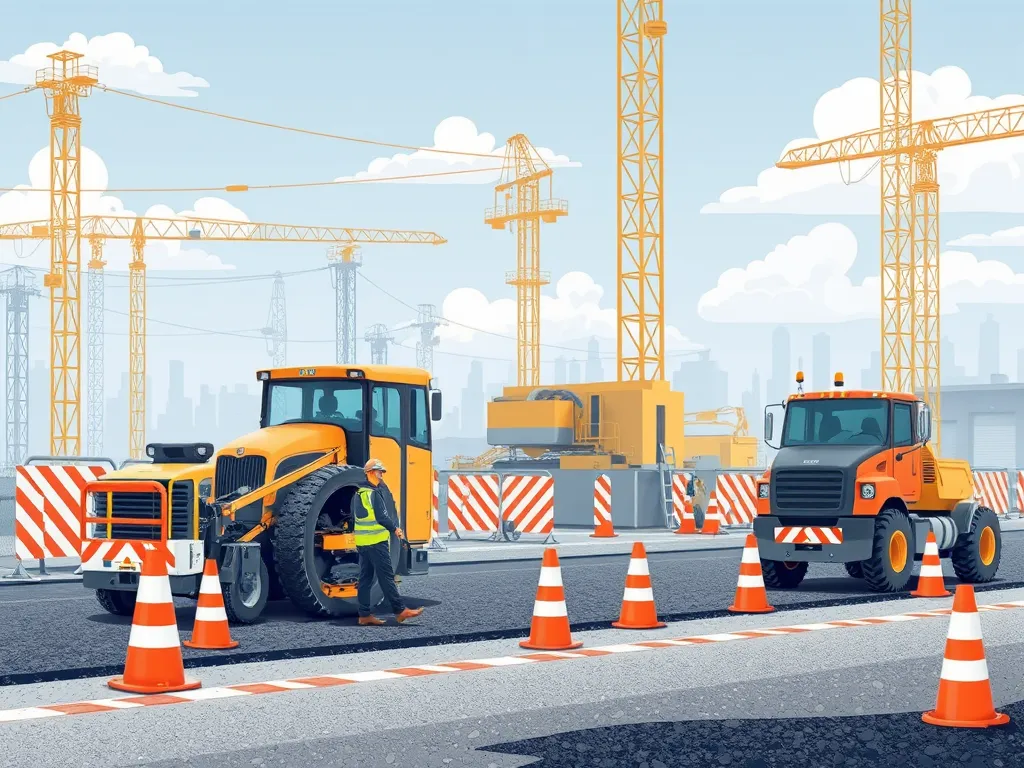 Construction workers in the asphalt industry promoting safety with equipment and traffic cones