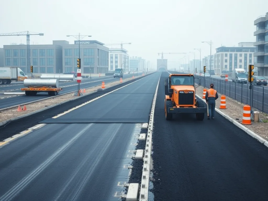 Construction workers laying asphalt on a public road for infrastructure development