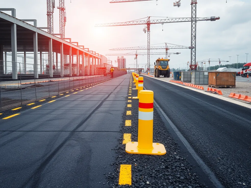 Asphalt installation site showing regulatory safety cones and construction equipment.